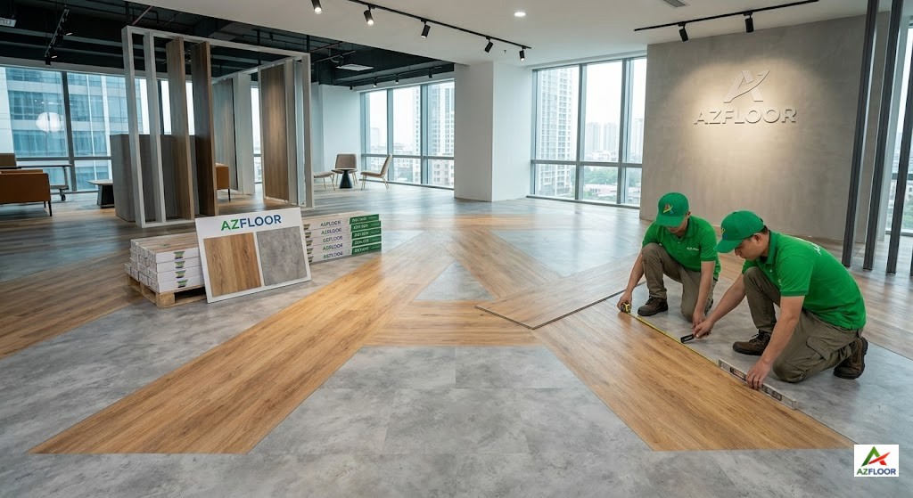Azfloor thi công phối màu tấm nhựa lót sàn phối màu giả gỗ, bê tông