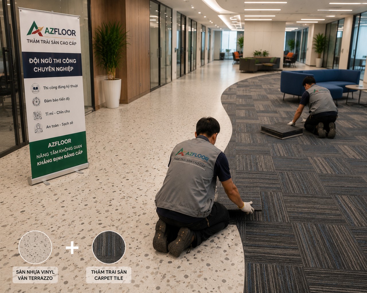 Azfloor thi công phối màu thảm tấm và vinyl terrazzo