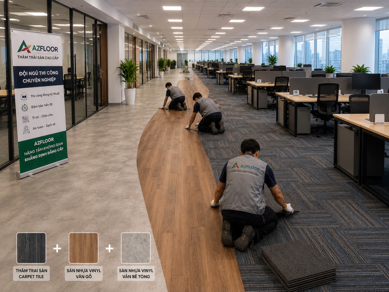 Azfloor thi công phối 3 màu sàn thảm, vinyl giả gỗ, giả bê tông.