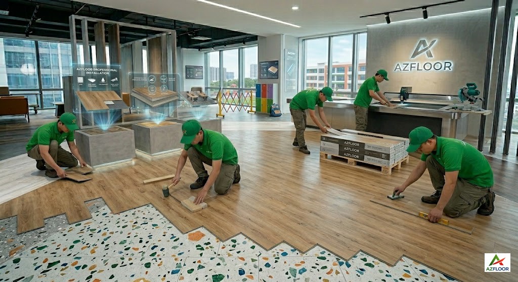 Azfloor thi công sàn nhựa giả gỗ hèm khóa dẻo 
