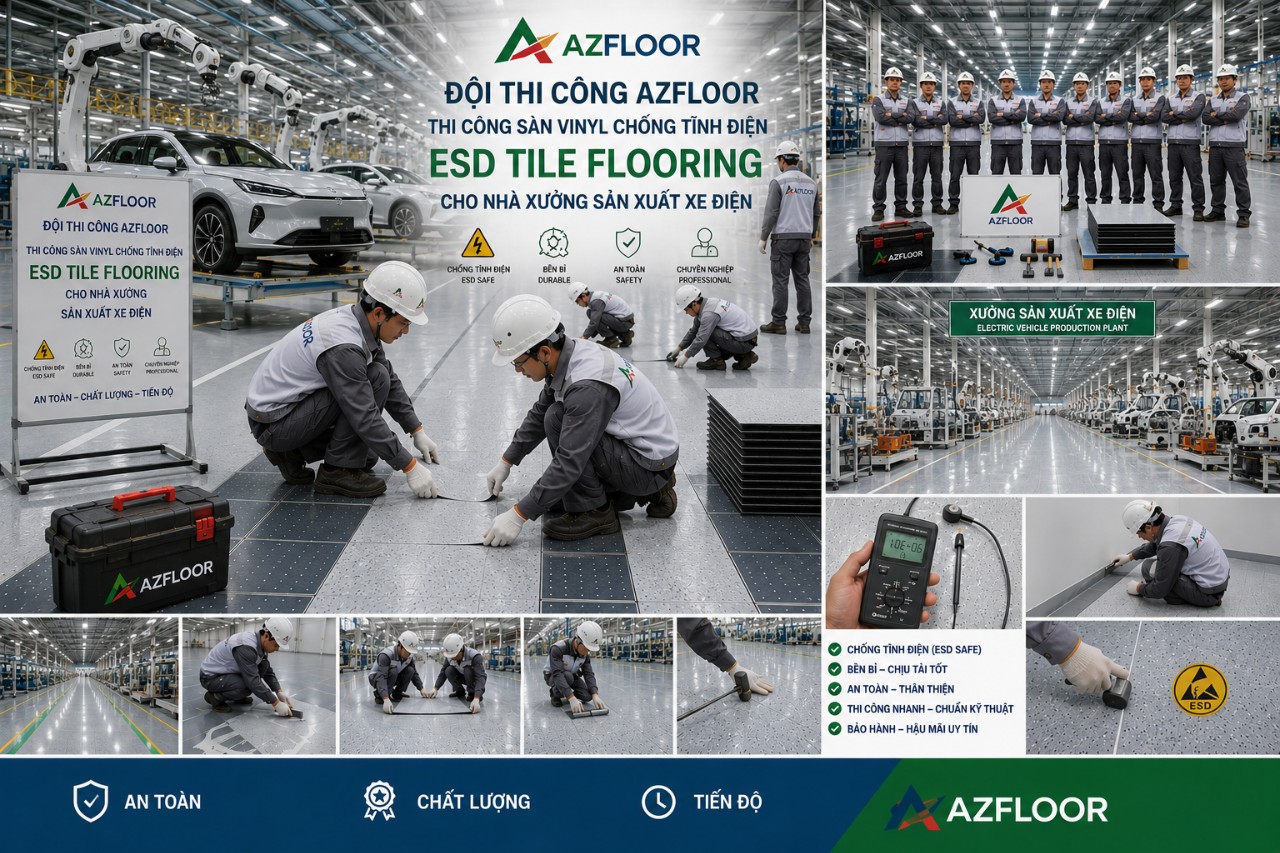 Azfloor thi công sàn vinyl chống tĩnh điện esd tile nhà xưởng 