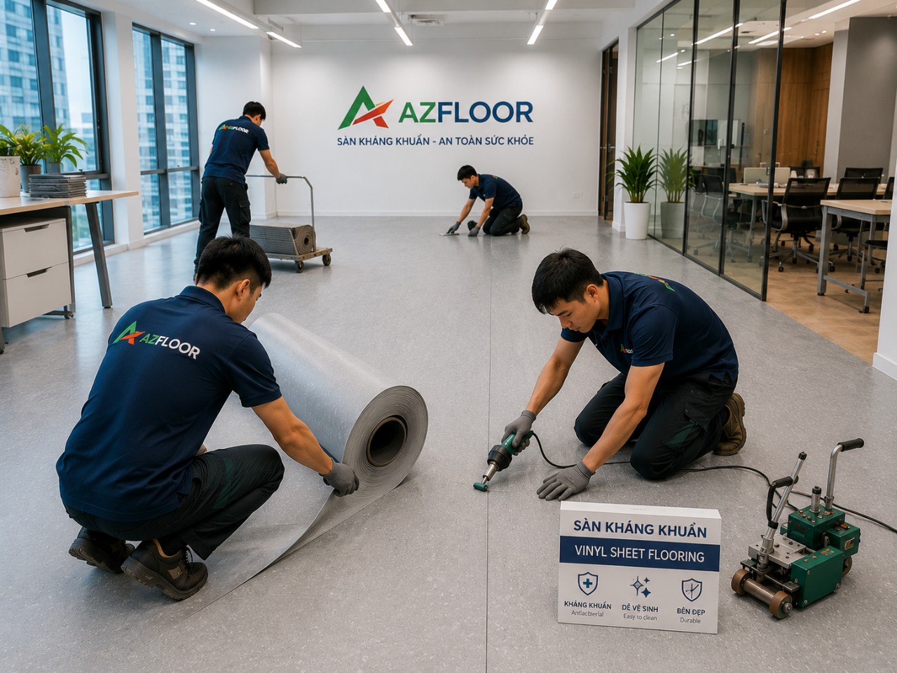 Azfloor thi công sàn vinyl cuộn roll