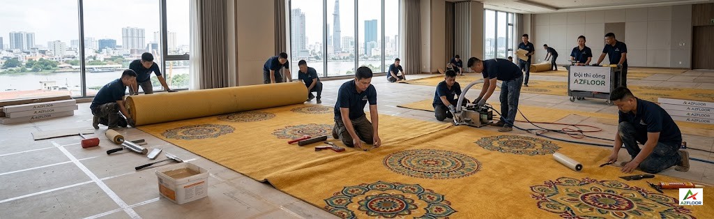 Azfloor thi công thảm cuộn hoa văn tròn