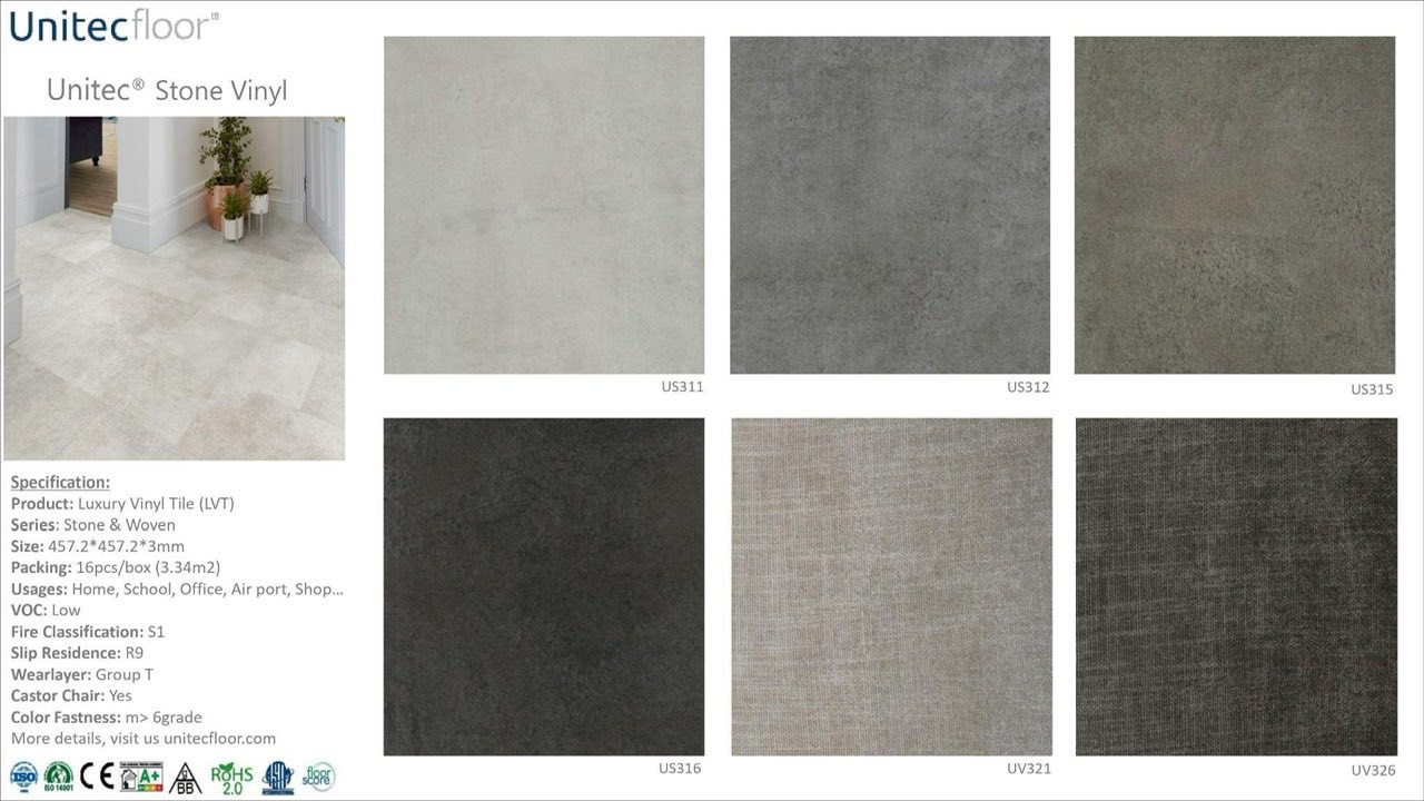 Bảng màu sàn vinyl vân đá, woven Unitec