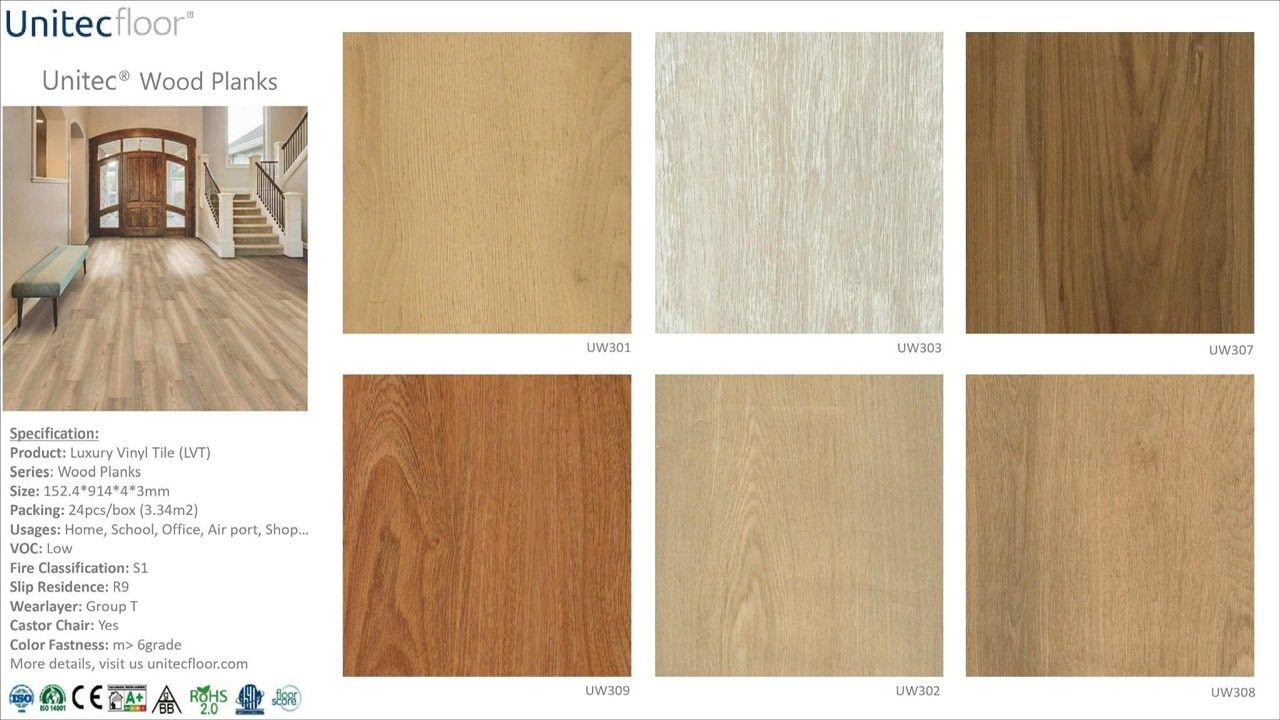 Bảng màu sàn vinyl vân gỗ Unitec