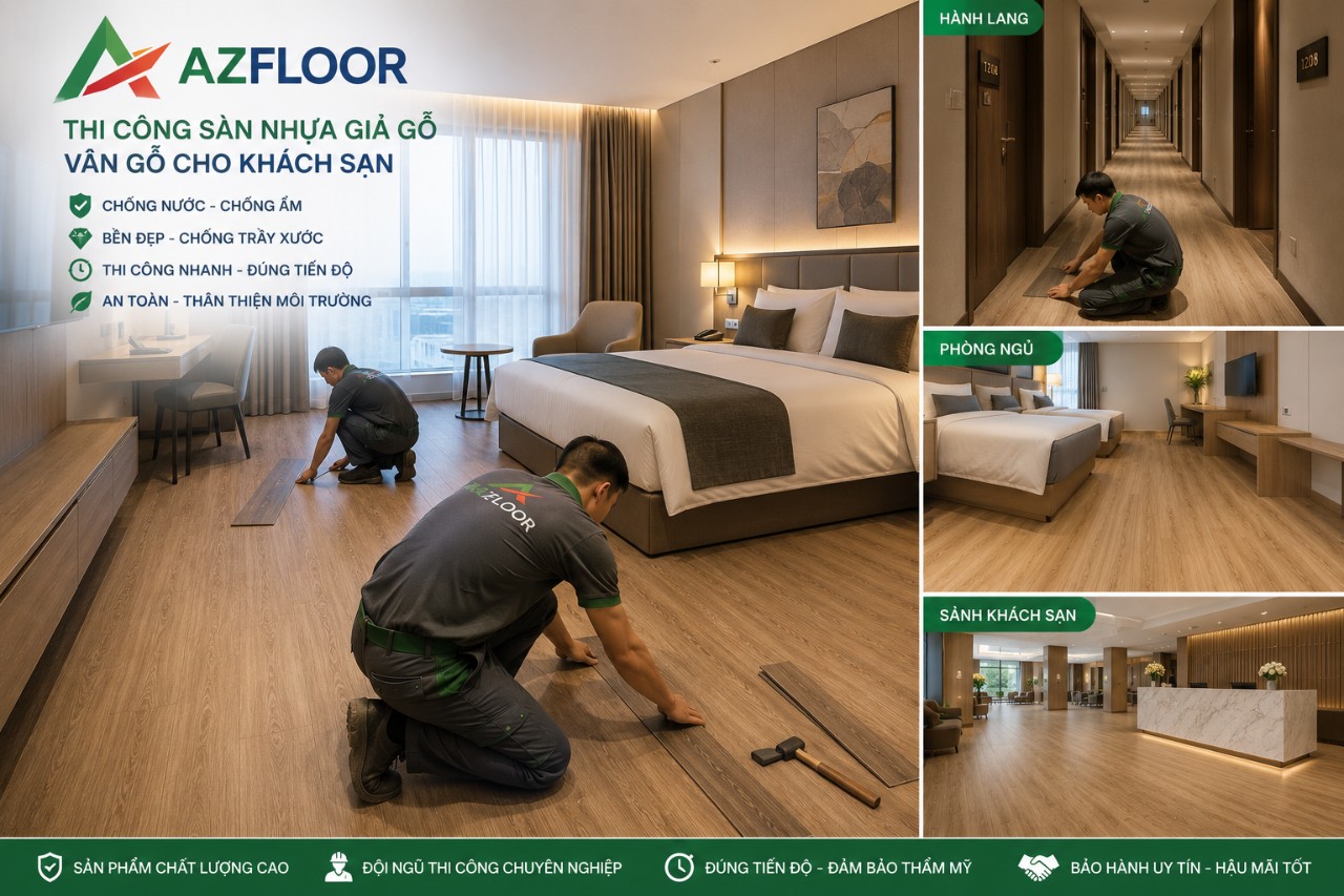 Azfloor thi công sàn nhựa hèm khóa giả gỗ vân sồi cho hotel