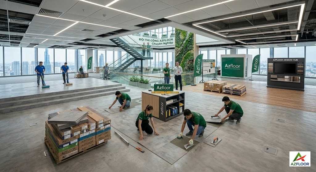 Azfloor thi công sàn nhựa vinyl giả bê tông