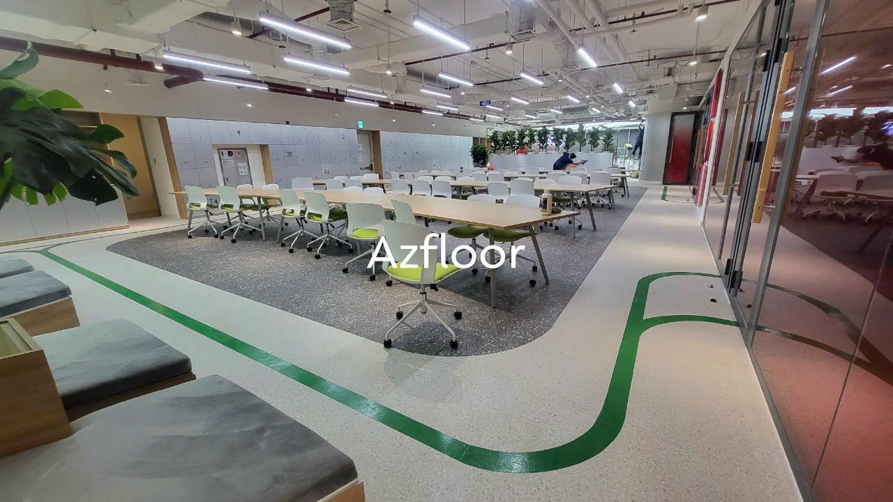 Thi công phối màu sàn vinyl terrazzo dán keo 