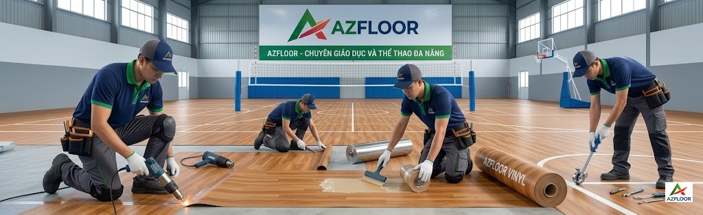 Azfloor thi công lắp đặt thảm thể thao vân gỗ