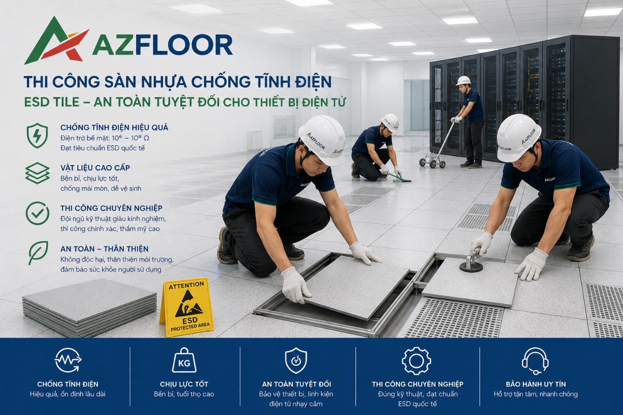 Azfloor thi công sàn nhựa chống tĩnh điện 