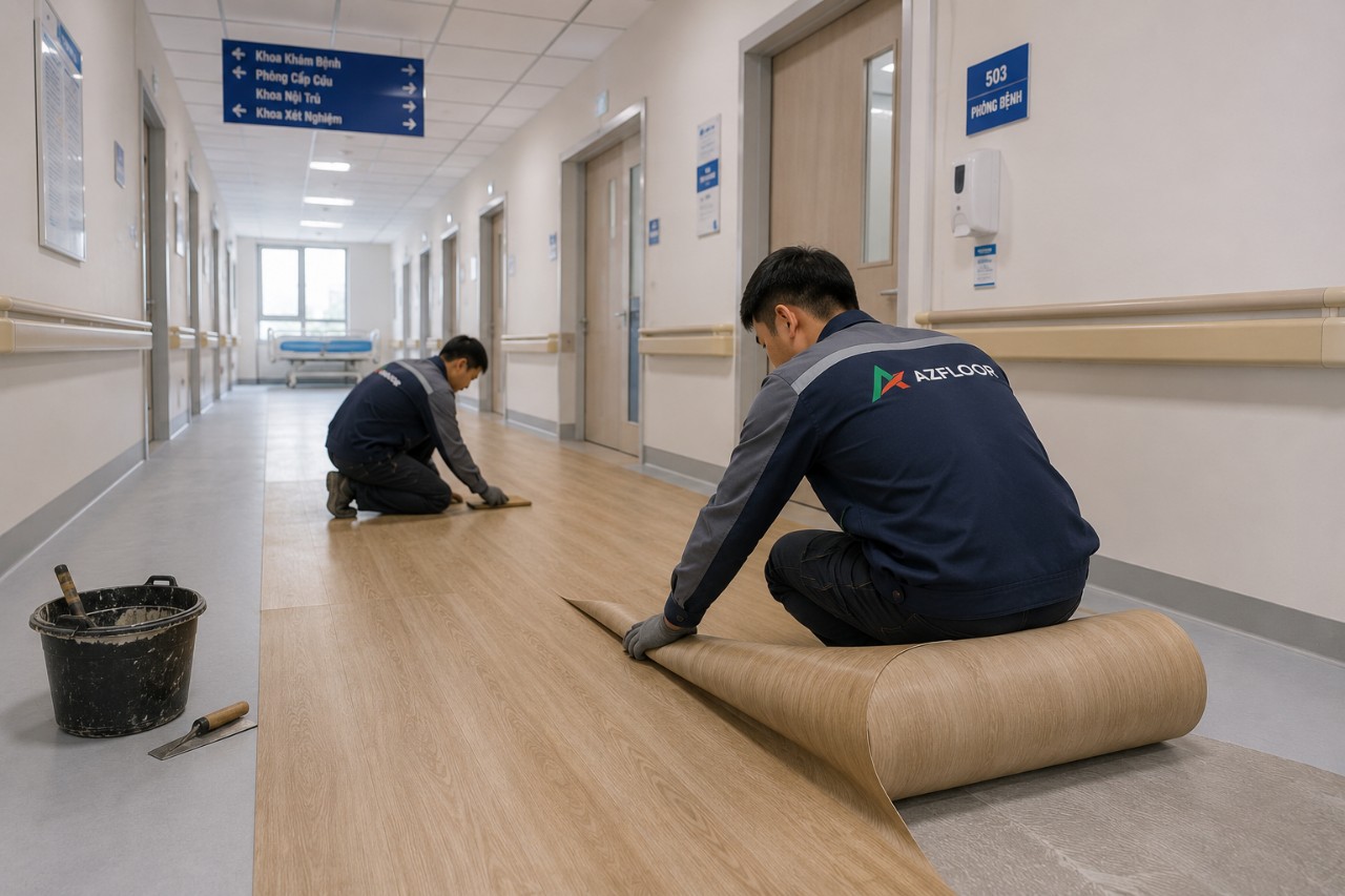 Azfloor thi công sàn nhựa giả gỗ dạng cuộn 