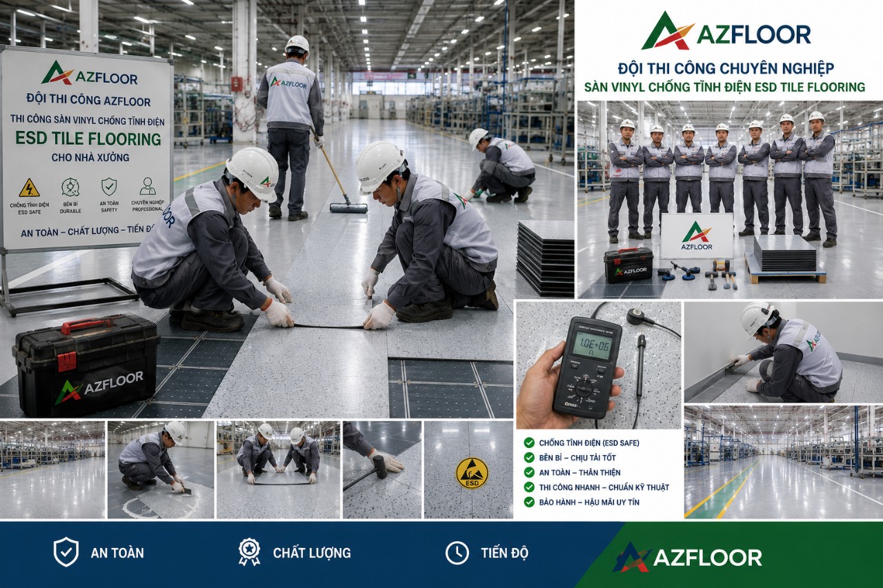 Azfloor thi công sàn nhựa vinyl chống tĩnh điện esd tile
