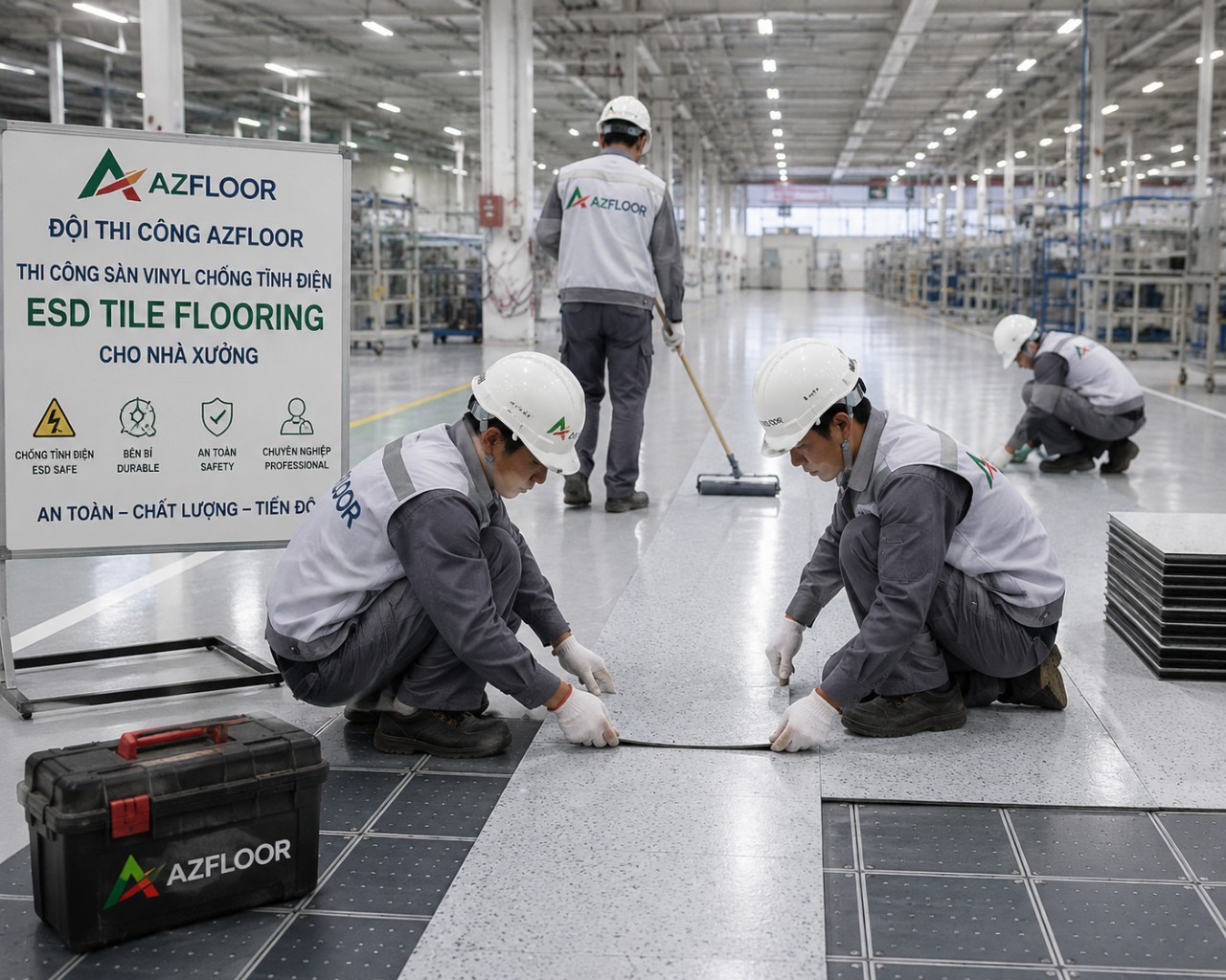 Azfloor thi công sàn tĩnh điện esd tile