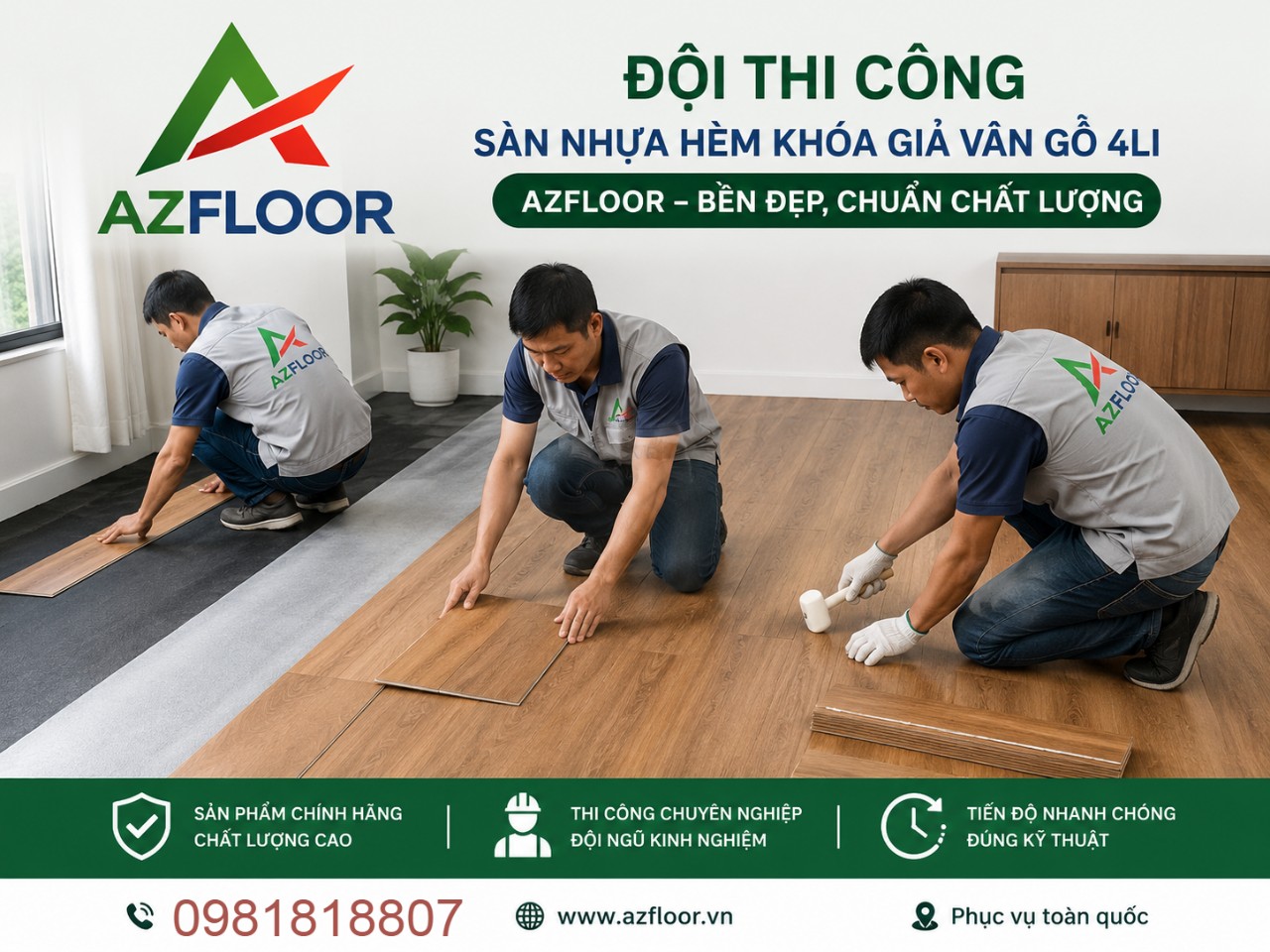 AZ Floor thi công sàn nhựa hèm khóa giả gỗ 4li