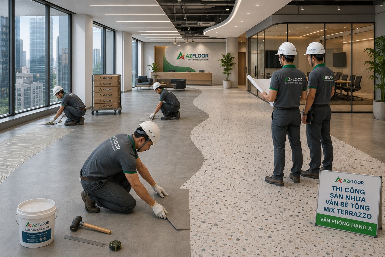 Azfloor thi công phối màu sàn nhựa bê tông terrazzo