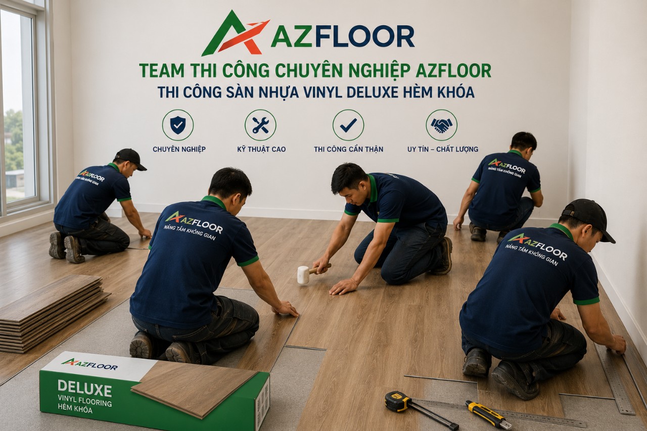 Team Azfloor thi công sàn nhựa hèm khóa Deluxe