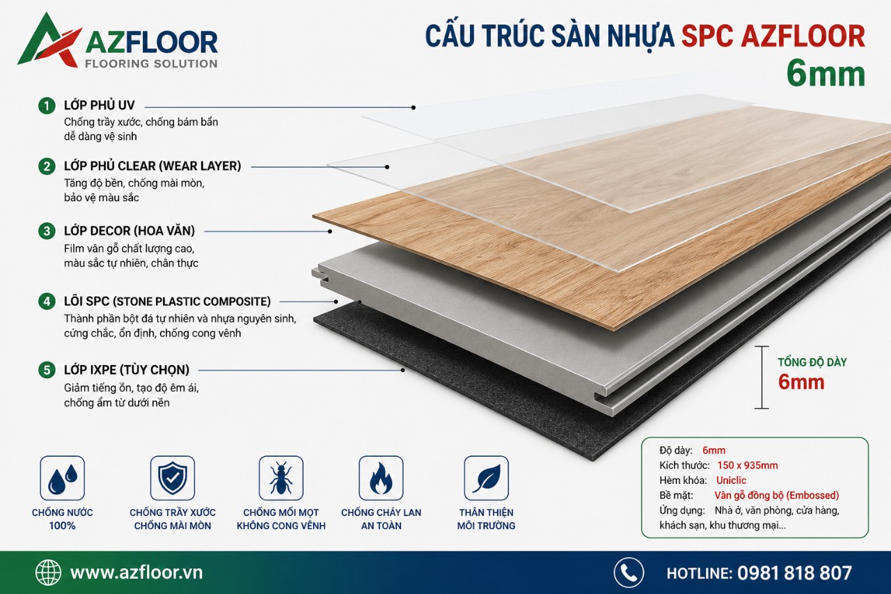 Cấu tạo sàn nhựa hèm khóa SPC 6.0MM Azfloor