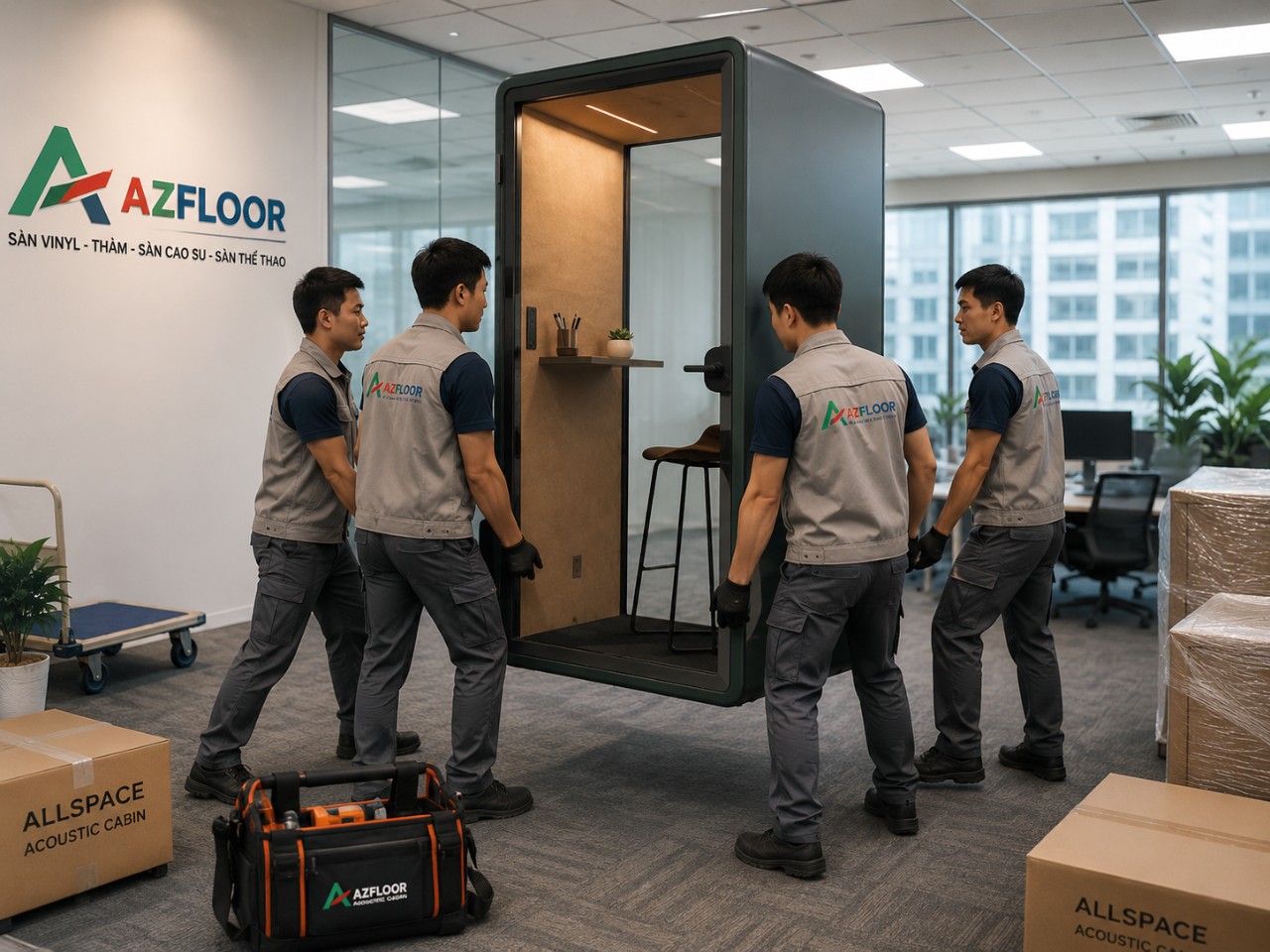 Azfloor tháo ráp, di dời, nâng hạ phone booth acoustic cabin