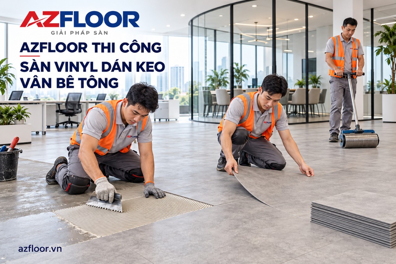 Azfloor thi công sàn vinyl dán keo vân bê tông