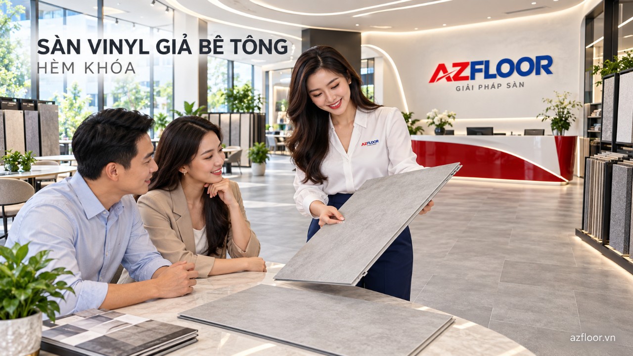 Sàn vinyl giả bê tông hèm khóa. Azfloor tư vấn khách